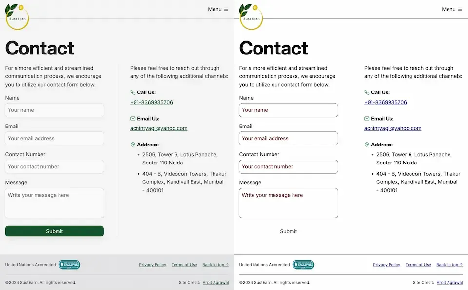 Side-by-side comparison of the contact form on Slae.app. The left image shows the contact form with forced colors disabled, displaying the default color scheme. The right image shows the contact form with forced colors enabled. In the right image, the submit button appears as floating text on the page.