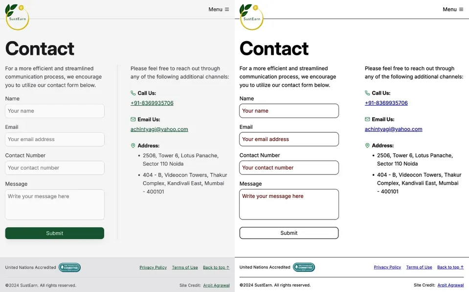 Side-by-side comparison of the contact form on Slae.app with the transparent border solution applied. The left image shows the contact form with forced colors disabled, displaying the default color scheme. The right image shows the contact form with forced colors enabled. In the right image, the submit button appears as a button.